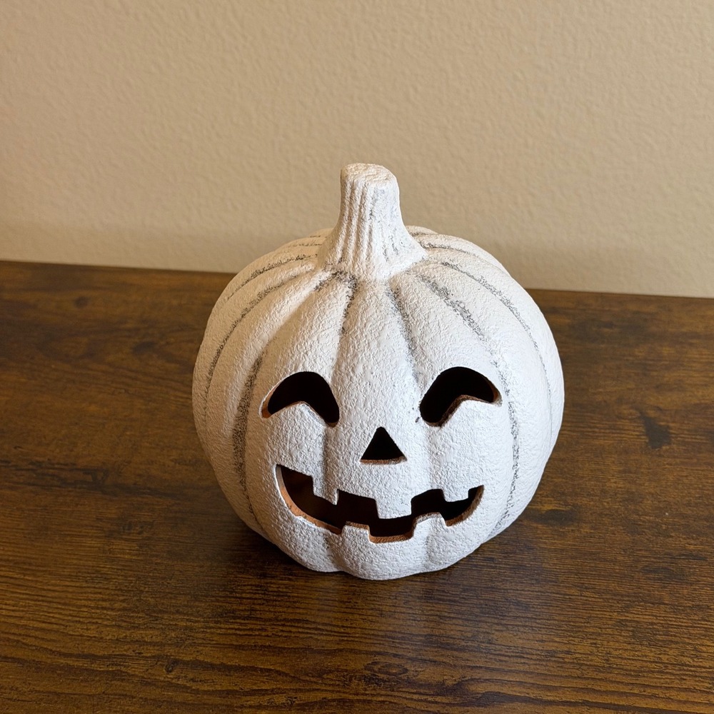 White Ceramic Jack-O-Lantern Pumpkin Halloween Decor
